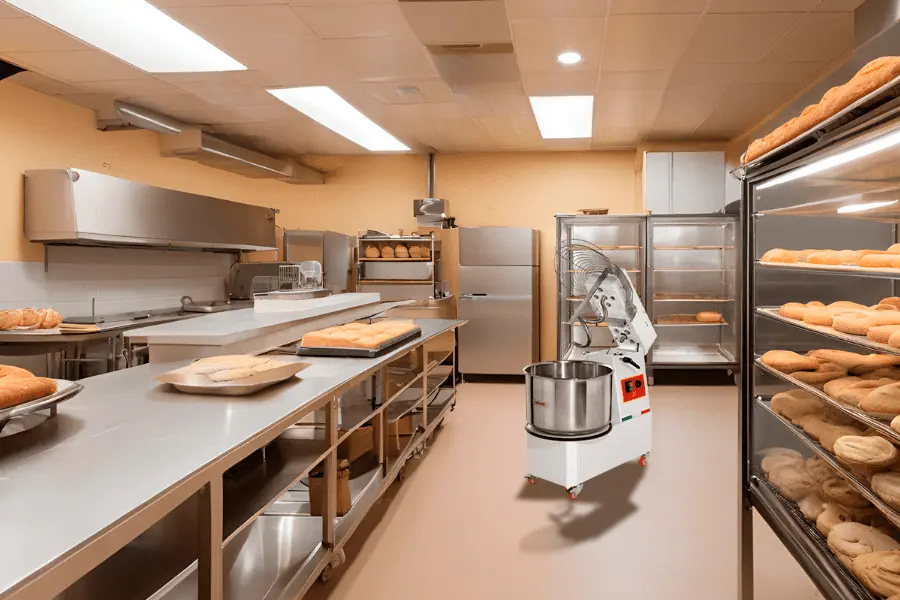 Cocina de panadería mostrando una amasadora de gancho