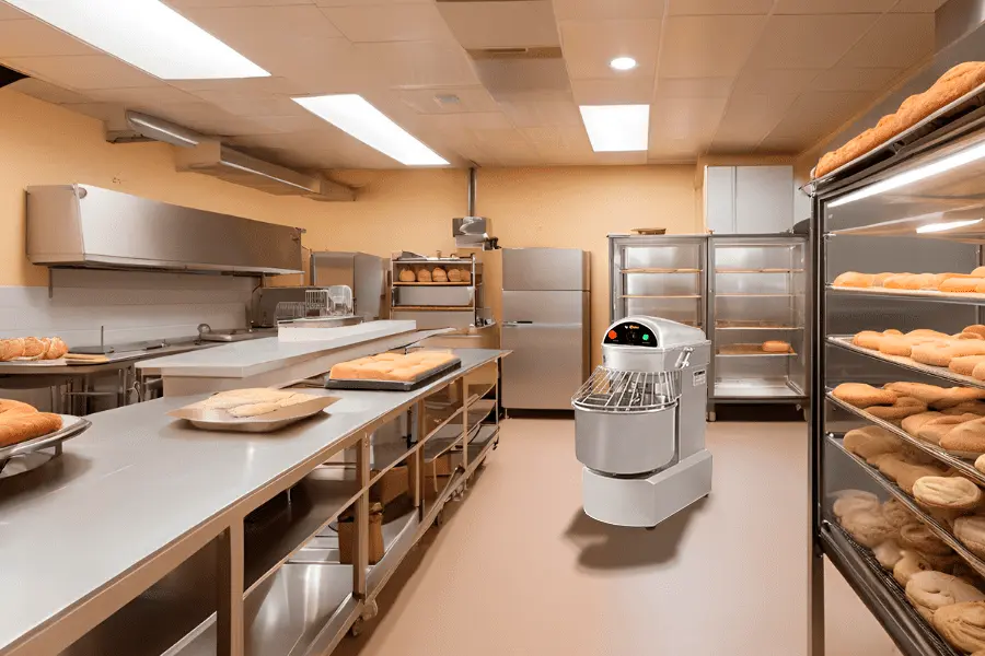 Cocina de panadería mostrando una amasadora de pie