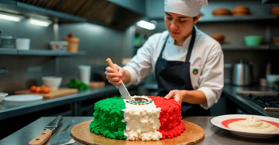 Mujer panadera haciendo la decoración de un pastel como si fuera una bandera mexicana