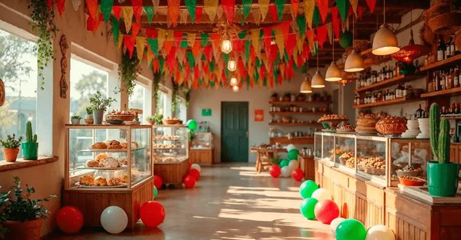 Panadería decorada en un ambiente festivo de fiesta mexicana