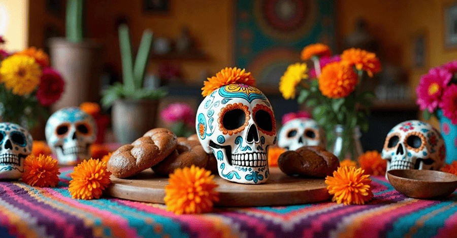 Altar de muertos con algunas piezas de pan en un hogar tradicional en día de muertos