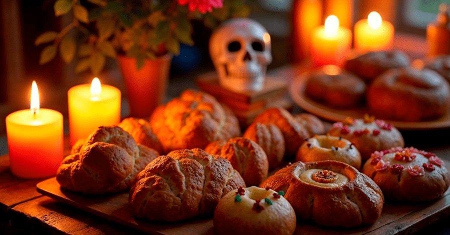 Diferentes panes como ofrendas de día de muertos en un hogar mexicano