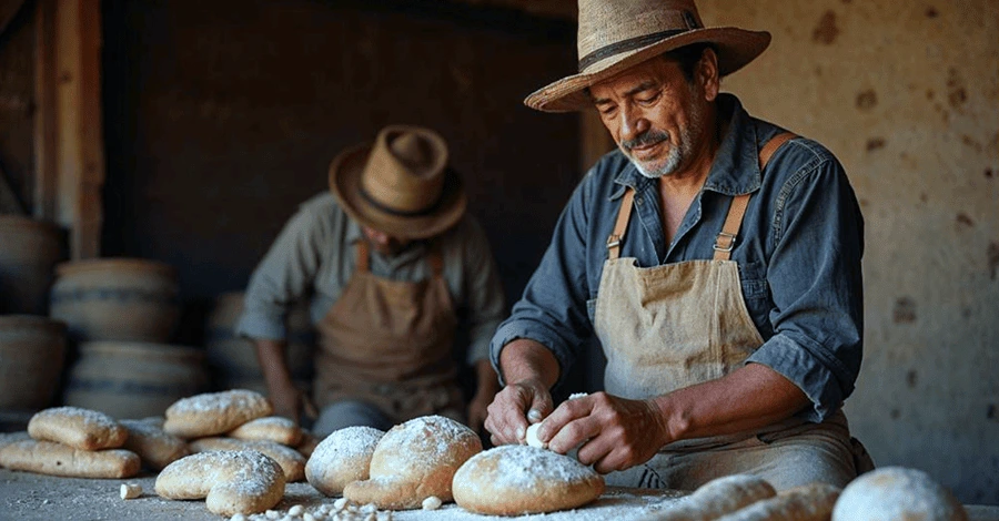 Dos hombres panaderos haciendo panes de forma artesanal