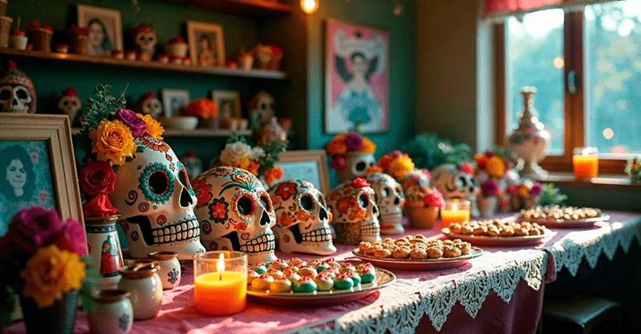 Mesa en una panadería decorada para la festividad del día de muertos