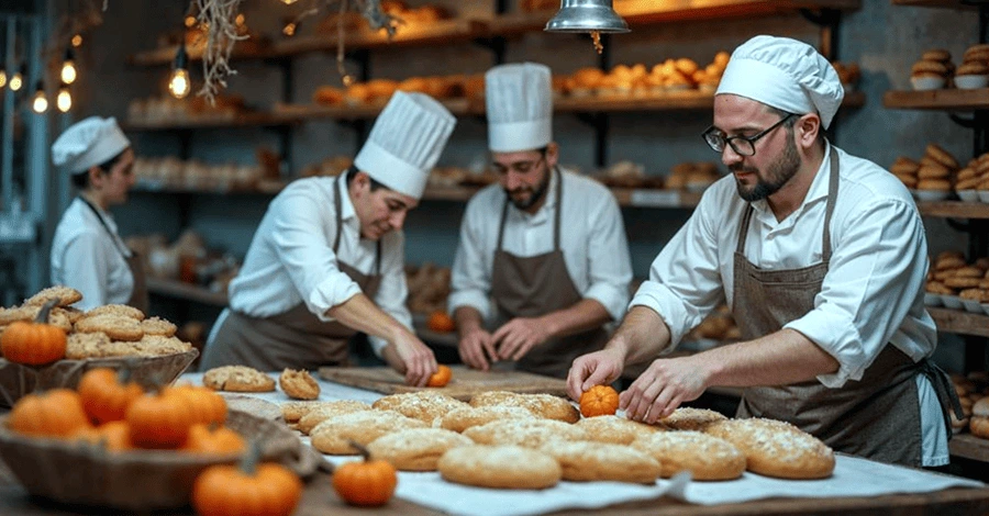 Panaderos realizando producción de pan por alta demanda en una panadería decorada para octubre