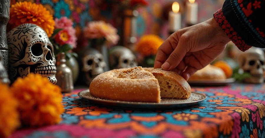 Brazo de una mujer colocando un pan de muerto en una ofrenda con unas calaveras y cempasúchil de fondo
