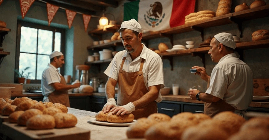 Conjunto de panaderos realizando diferentes tipos de panes inspirados en la Revolución Mexicana