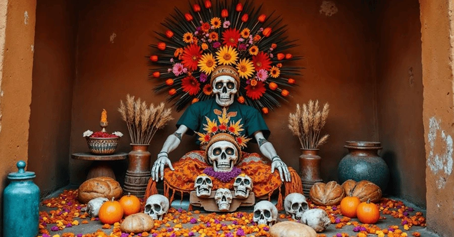 Figura de calavera en altar de muertos prehispánico azteca con panes como ofrenda