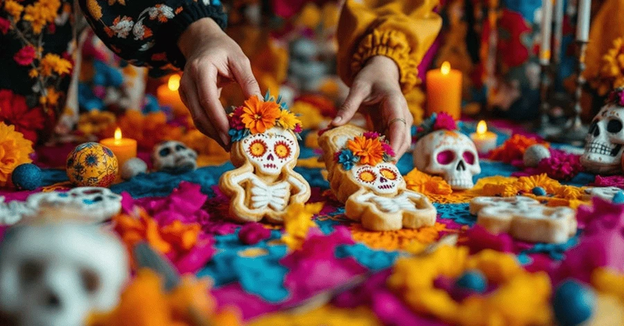 Mujer colocando como ofrenda en un altar de muertos panes decorados en forma de catrinas