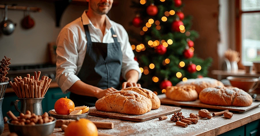 Panadero realizando algunos panes deliciosos para disfrutarlos en navidad