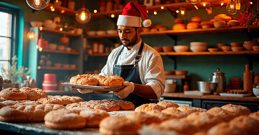Panadero sacando una gran producción por las fiestas festivas navideñas