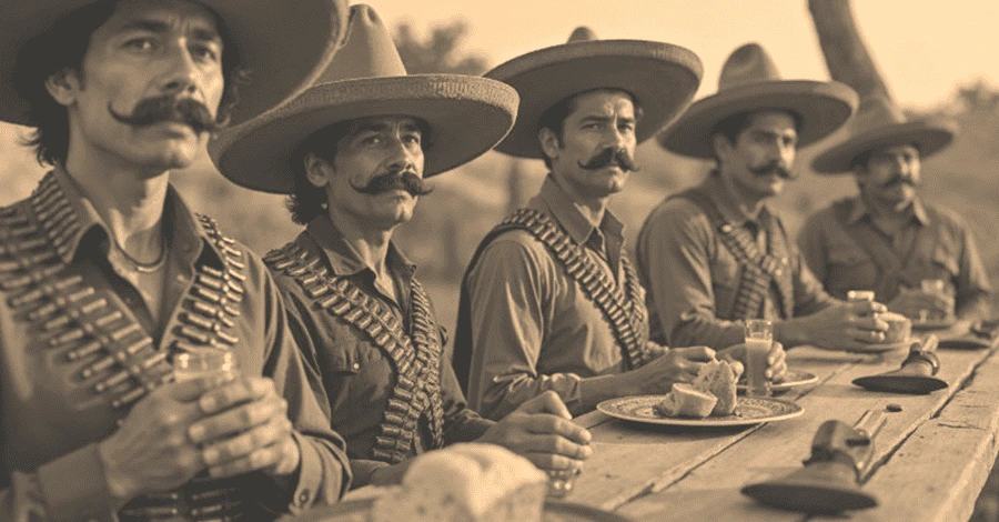 Revolucionarios mexicanos comiendo pan con algunos tragos en la época de la revolución