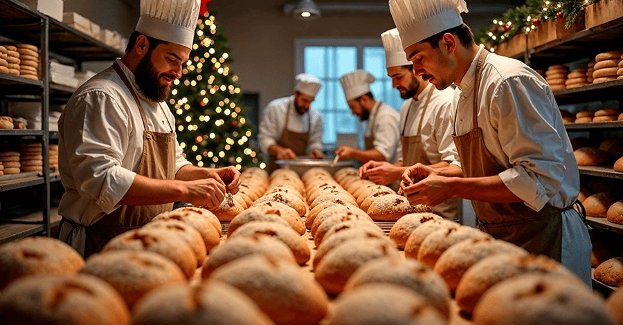 Conjunto de panaderos acomodando panes por gran producción en navidad en una panadería decorada para navidad