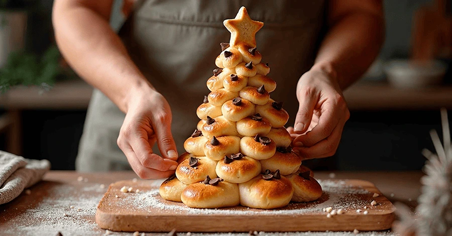 Mujer panadera haciendo árboles de navidad con pequeños panes con chispas de chocolate