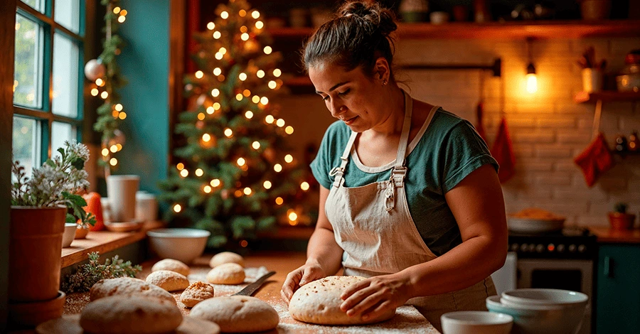 Mujer panadera mexicana realizando panes regionales en una cocina decorada para celebrar la navidad