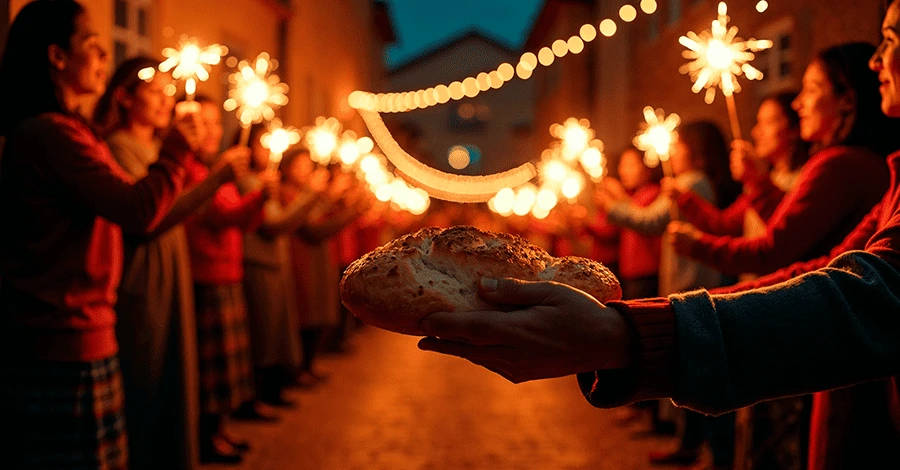 Primer plano de un pan dentro de una celebración de las posadas navideñas en un hogar mexicano