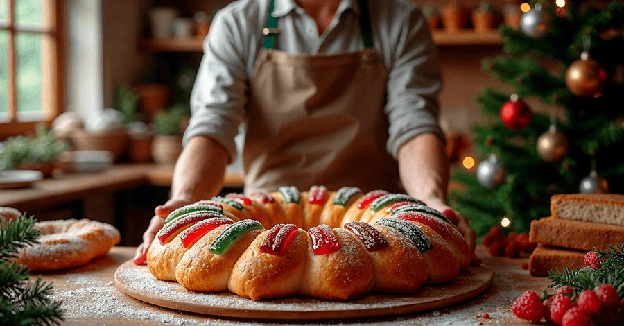 Rosca de reyes colocada en una mesa de panadería con adornos navideños