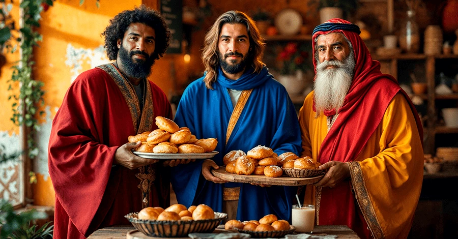 Los 3 reyes magos recolectando los sobrantes de los panes en una panadería