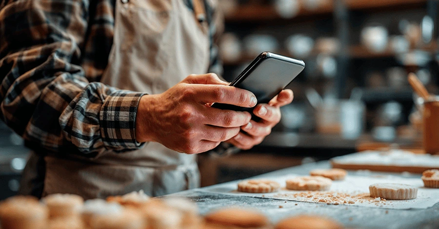 Panadero buscando tendencias de panadería para el 2025 en internet