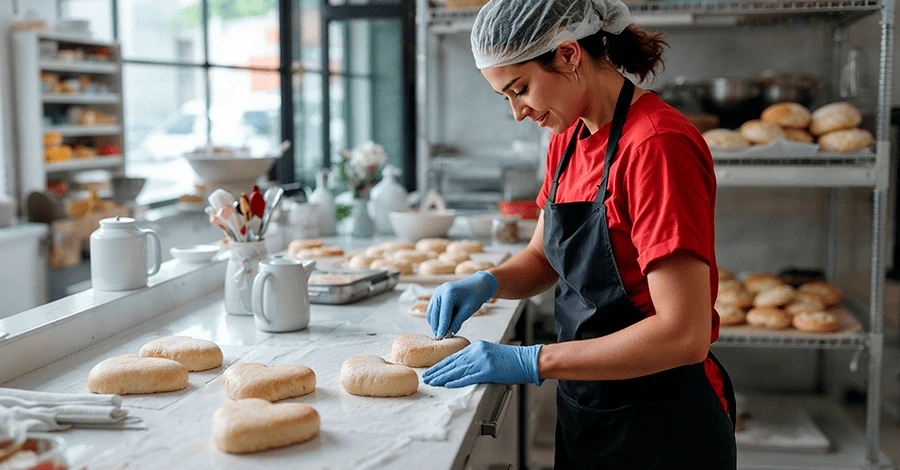 Panadera preparando algunos panes con forma de corazón por motivo del día de San Valentín
