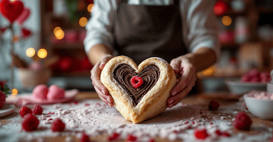 Chef de Restaurante organizando a su equipo de trabajo para optimizar la el flujo de trabajo que tendrá en su restaurante por SanValentín. El Restaurante está decorado para Celebrar San Valentín