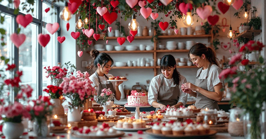 Un conjunto de personal decorando una panadería para celebrar San Valentín