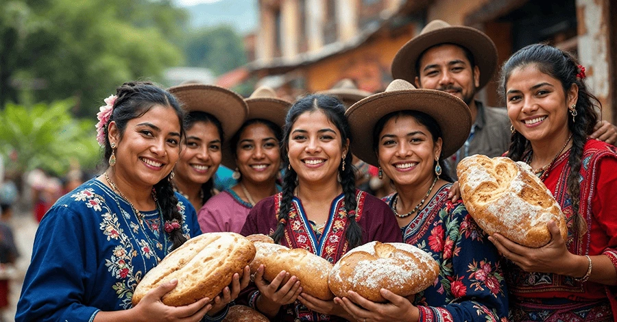 Personas indígenas mexicanas de distintas comunidades sostienen panes tradicionales como conchas, bolillos y pan de muerto, vistiendo ropa típica con bordados. El fondo muestra un mercado o pueblo, resaltando la diversidad panadera y cultural de México.