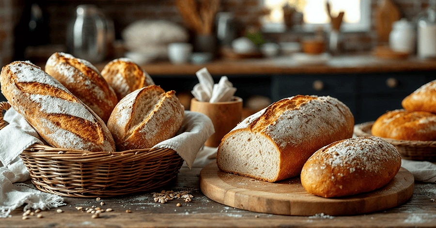 Mesa rústica con panes sin ingredientes animales, iluminada en un ambiente cálido de panadería artesanal.
