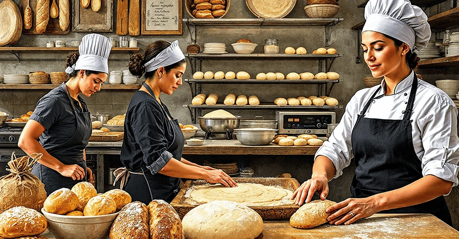 Collage ilustrativo de mujeres panaderas y chefs mexicanas en entornos gastronómicos.