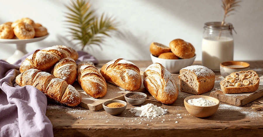 Mesa rústica con panes veganos y elementos sutiles de Cuaresma en un ambiente cálido y natural.