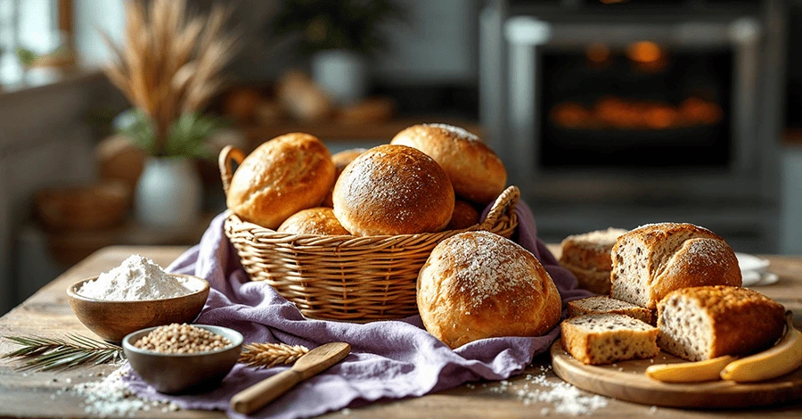 Mesa rústica con panes veganos, ingredientes clave y detalles sutiles de Cuaresma en un ambiente cálido y artesanal.