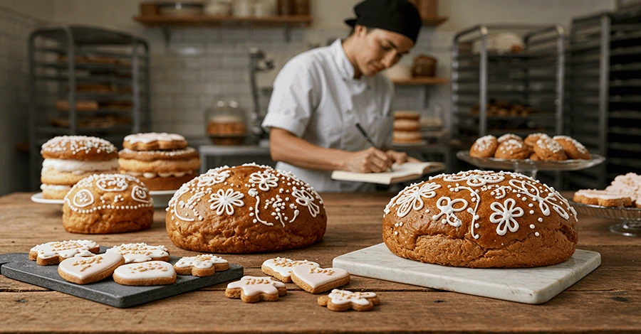Mesa de panadería artesanal con productos personalizados y panadera decorando con manga pastelera al fondo.