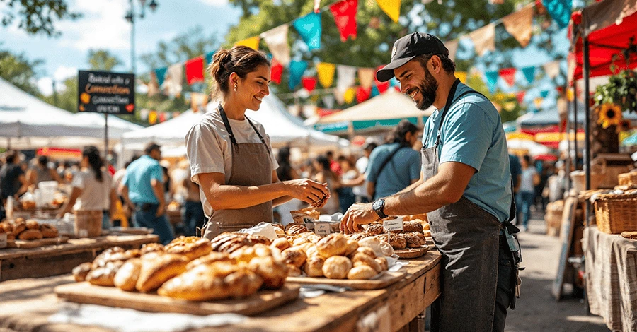 Puesto de panadería artesanal en feria gastronómica con panes tradicionales, clientes y ambiente festivo mexicano.