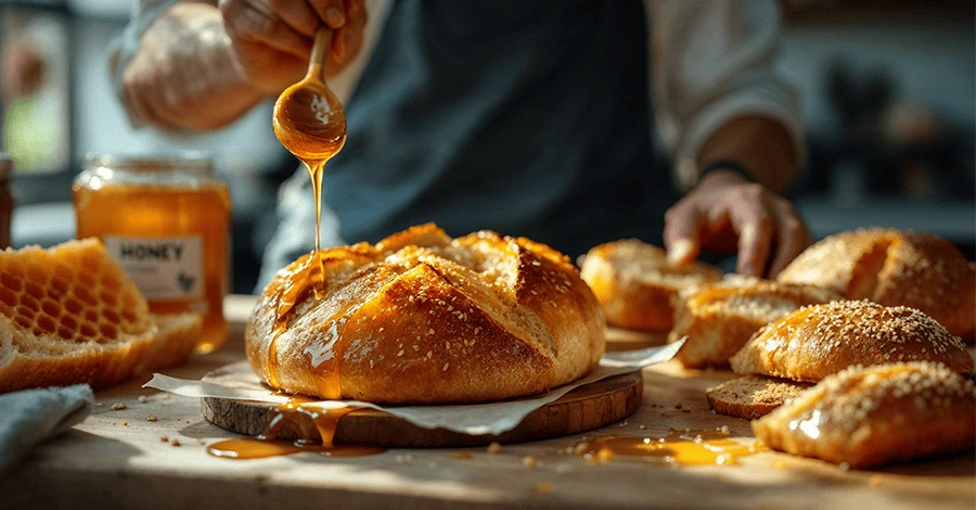Panadero glaseando pan rústico con miel en panadería artesanal, con panal y panes tradicionales al fondo.