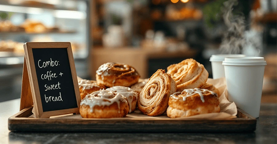 Mostrador de panadería con bandeja de panes dulces y cafés para llevar, junto a letrero de promoción “Combo: café + pan dulce”.