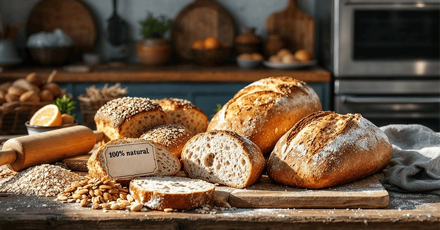 Mesa rústica con panes artesanales saludables, ingredientes naturales y horno de convección desenfocado al fondo.