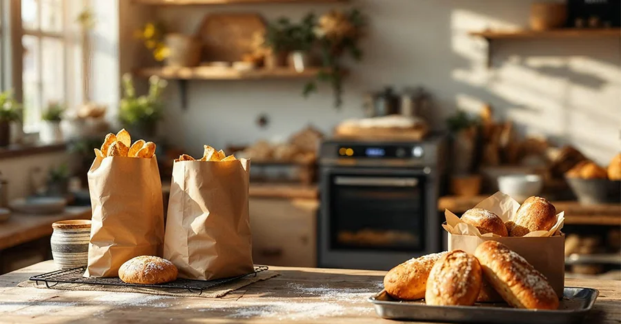 Panadería sustentable con panes en empaques biodegradables y horno de convección encendido al fondo.