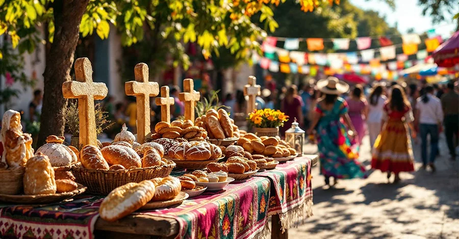 Mesa rústica con panes tradicionales mexicanos de festividad religiosa, decorada con manteles coloridos; al fondo, feria de pueblo con gente, papel picado y ambiente festivo.