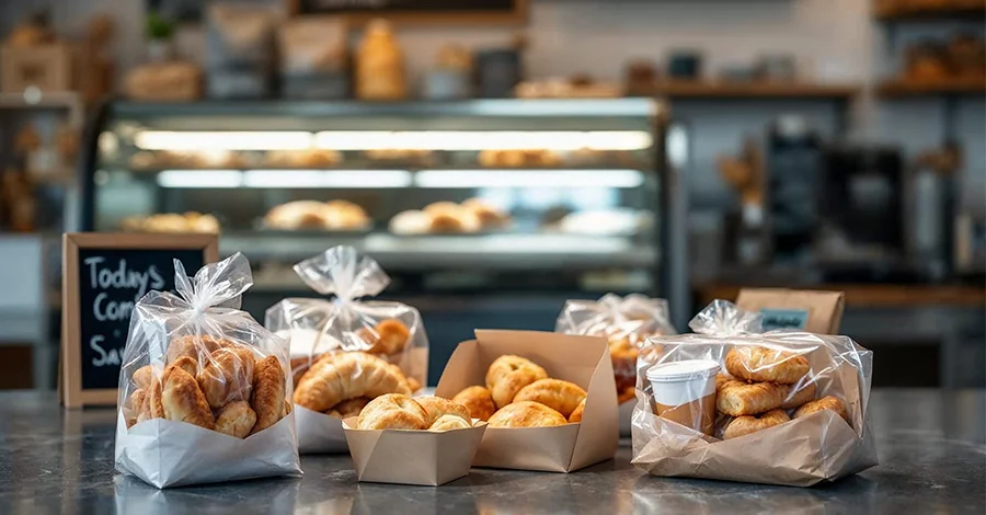 Mesa de panadería con combos listos para llevar (pan dulce, empanada y bebida) en empaques atractivos. Al fondo, vitrina de productos y pizarra con promoción del día. Escena práctica y apetitosa.