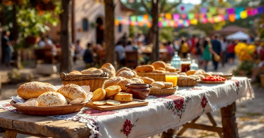 Mesa rústica decorada con manteles bordados, llena de panes tradicionales mexicanos; al fondo, una iglesia y celebración de pueblo con banderines de colores. Ambientes de tradición y comunidad.