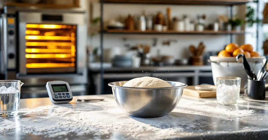 Masa fermentando en bol metálico con gotas de condensación, junto a un termómetro y agua con hielo; fondo con horno encendido y utensilios organizados en panadería artesanal.