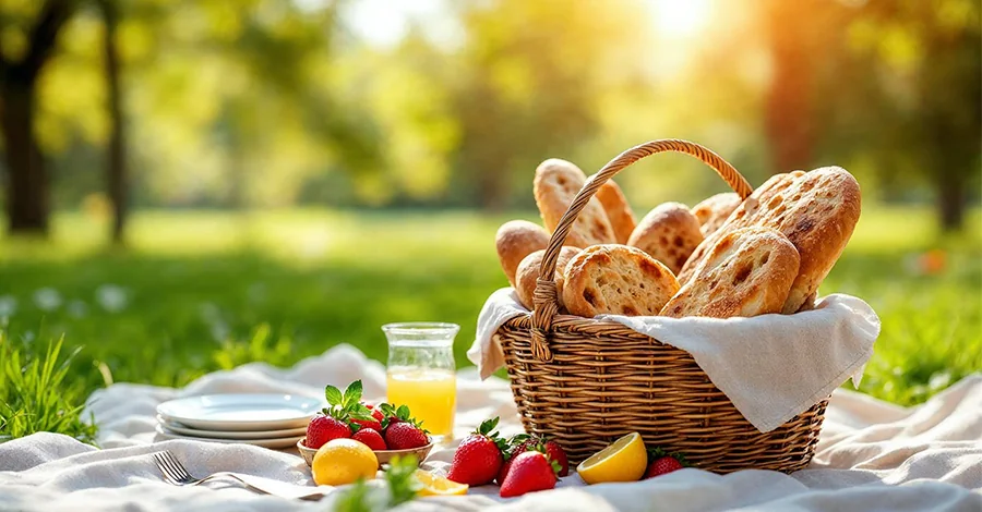 Picnic veraniego en parque soleado con cesta de panes artesanales, frutas frescas y bebida sobre manta. Escena cálida y relajada.