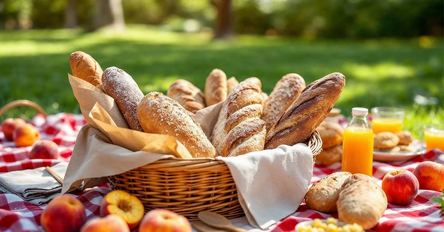 Manta de cuadros con canasta de panes artesanales, frutas frescas y bebidas en un picnic al aire libre bajo el sol de verano.