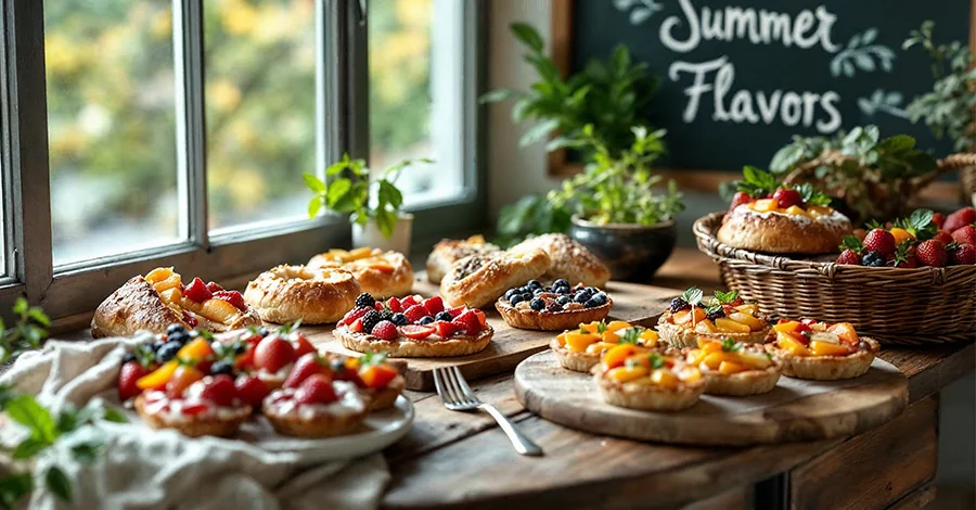 Mesa de panadería con bollería artesanal decorada con frutas de verano y hierbas frescas, junto a una ventana iluminada naturalmente y una pizarra que dice “Sabores de Verano”.