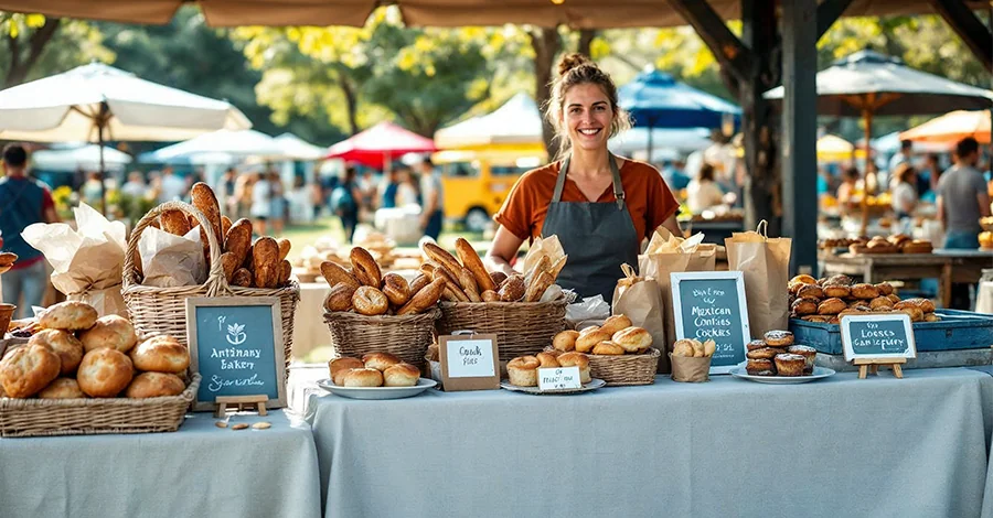 Stand de panadería artesanal en feria de verano al aire libre, con panes exhibidos en canastas y empaques ecológicos, atendido por un panadero sonriente. Fondo con toldos, árboles y ambiente cálido comunitario.