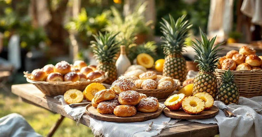 Mesa rústica de panadería al aire libre con panes dulces tropicales y frutas frescas cortadas, en un entorno cálido y artesanal de verano.