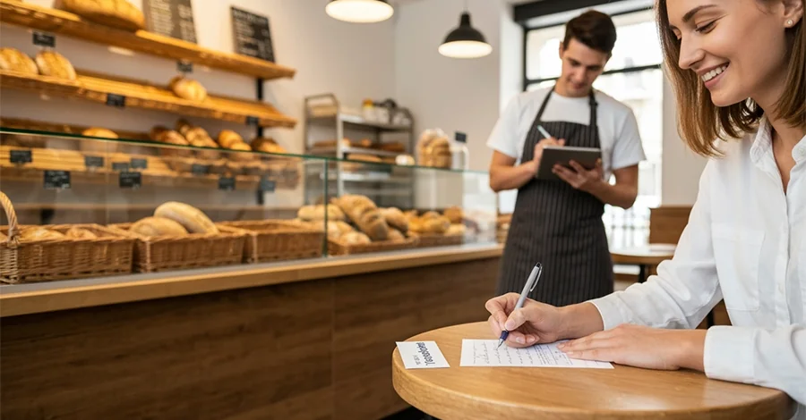 Cliente escribiendo sugerencias en panadería artesanal mientras el panadero observa y toma notas, transmitiendo escucha activa y mejora continua.