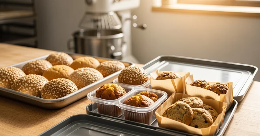 Lonchera con panecillos, muffins y galletas saludables sobre mesa de panadería artesanal, con charola de productos recién horneados y amasadora desenfocada al fondo. Ambiente limpio y preparado para regreso a clases.