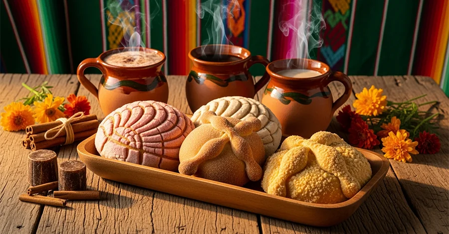 Mesa rústica con panes típicos mexicanos y tazas de barro con bebidas calientes, sobre un mantel artesanal con motivos mexicanos, iluminada por luz cálida que transmite tradición y calidez.
