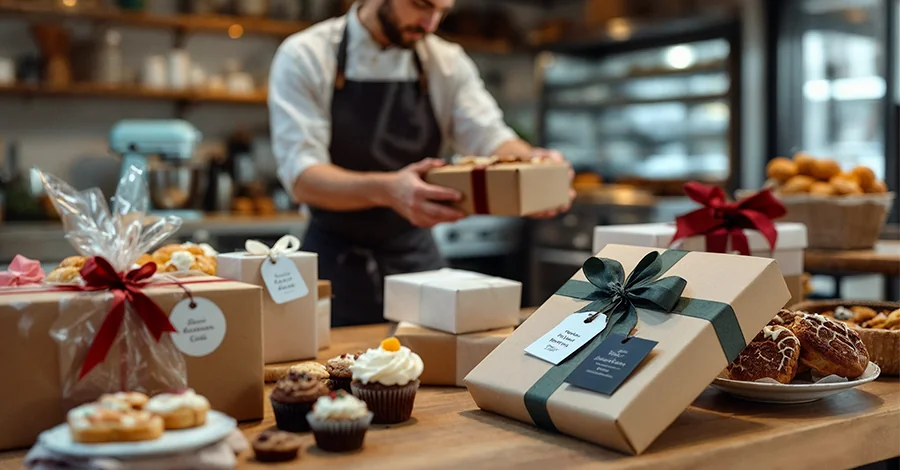 Mesa de trabajo en panadería artesanal con paquetes decorados y productos listos para entrega, panadero al fondo acomodando otro pedido, y equipos profesionales visibles como horno y batidora.